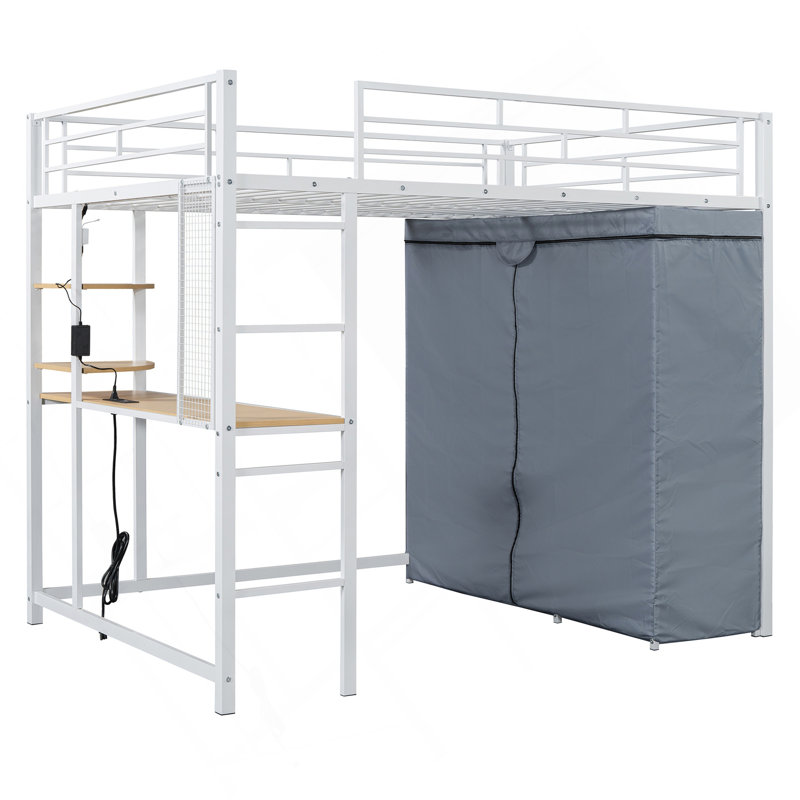  Lit mezzanine en métal avec bureau, tablettes, prise de courant, lumière DEL et garde-robe, Full, Blanc