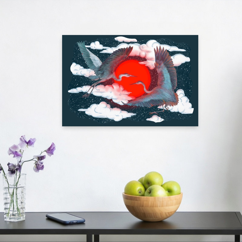 Celestial Cranes Red Sun Dramatic Ethereal Abstract Bird Nature Wildlife Wall Art Print 1 Piece Wrapped Canvas Wall Art