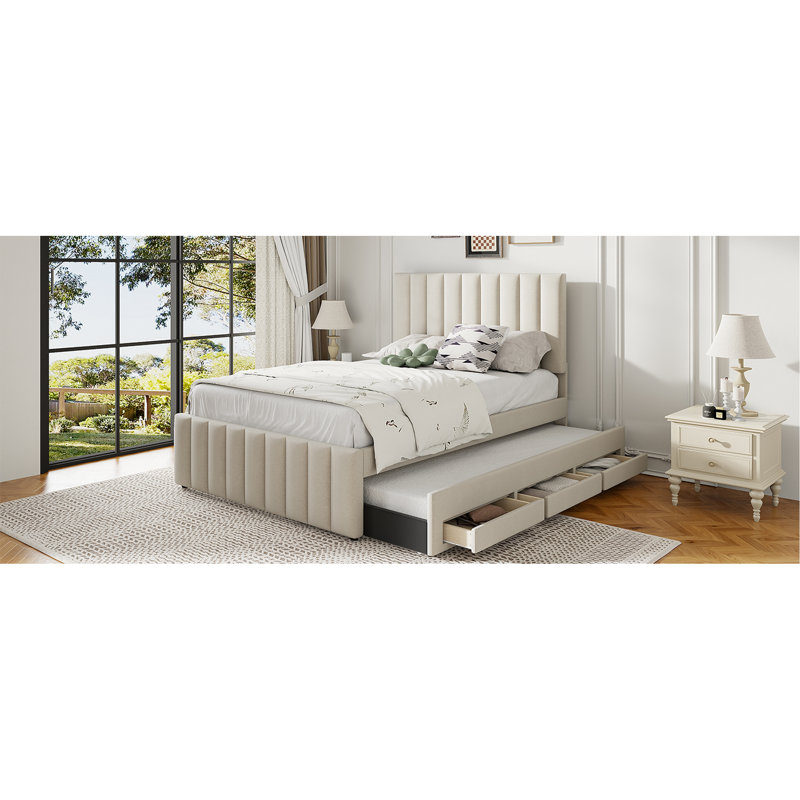 Lit plateforme tapissier avec lit gigogne simple et 3 tiroirs, tissu en lin, Beige