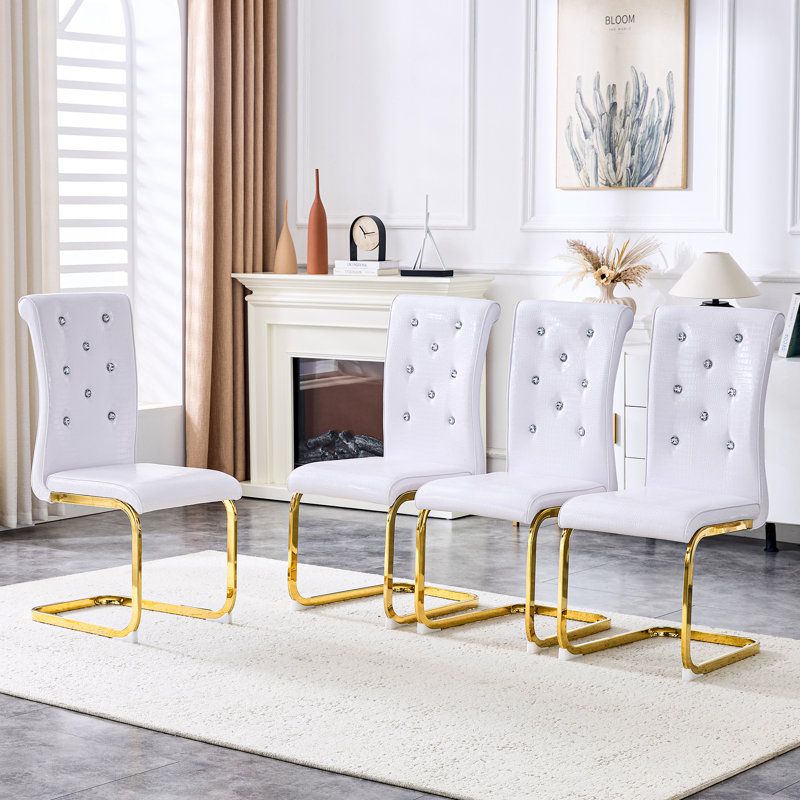 Dining Chairs Set of 2, Retro Alligator Skin Upholstered Dining Chairs with Metal Bow Legs for Dining Room & Kitchen (White, Golden Plated Leg )