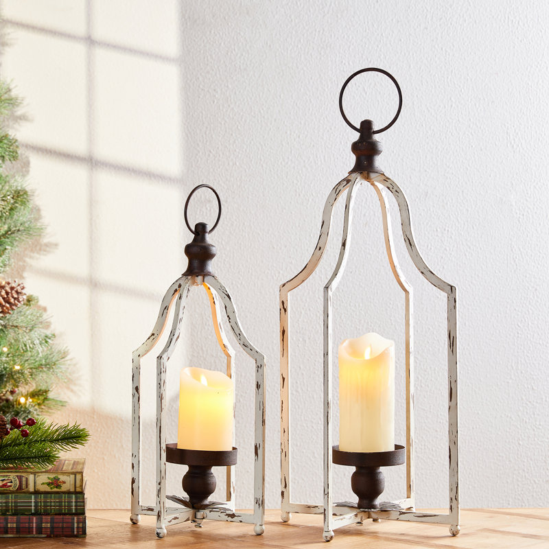 22'' H Metal Tabletop Lantern, White/Brown