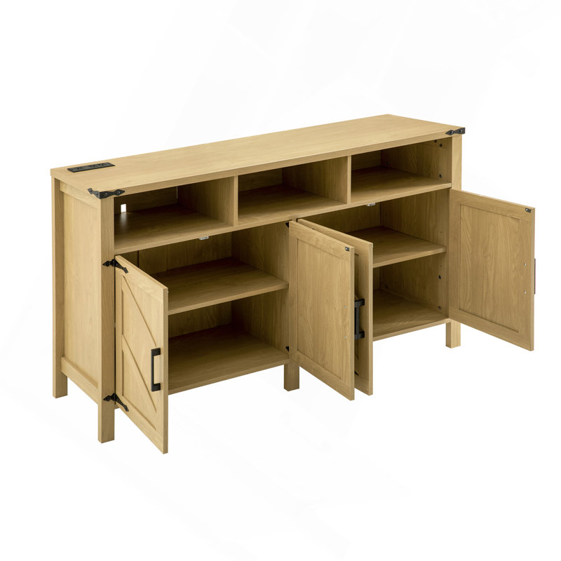 59"W Sideboard with Cabinets with Adjustable Shelves and Charging Ports, Brown