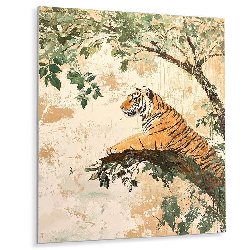 Tigre rétro dans les arbres - animaux, impression murale en métal, H 32 po x l 24 po