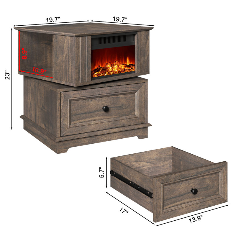 Bilbe 23''Tall Freestanding Electric Fireplace Heater End Table with Drawer and Built-in Outlets, Brown