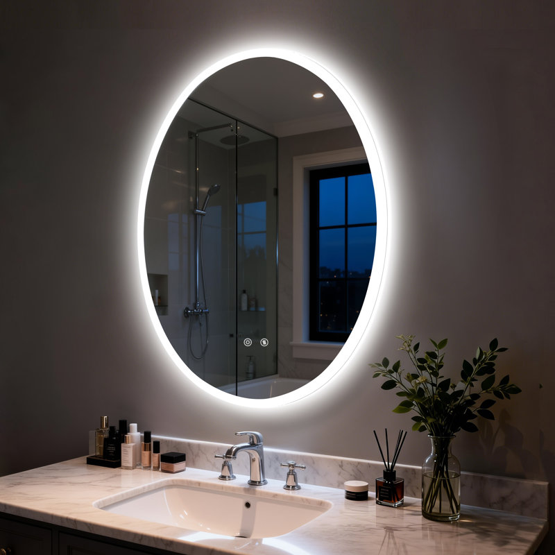 Oval LED Lighted Bathroom Mirror Backlit with Defog Memory Function , 60x80cm