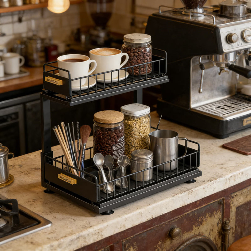 Tiroir de rangement sous l'évier, étagère de rangement coulissante à 2 niveaux pour garde-manger de cuisine, support de rangement en métal robuste pour maximiser l'espace vertical