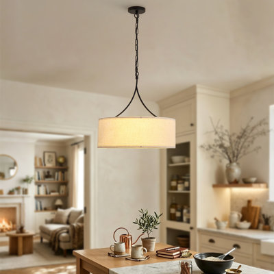 Luminaire suspendu tambour 3 lumières Modern Farmhouse, plafonnier suspendu en lin noir mat pour la salle à manger et la cuisine, éclairage ambiant à chaîne réglable