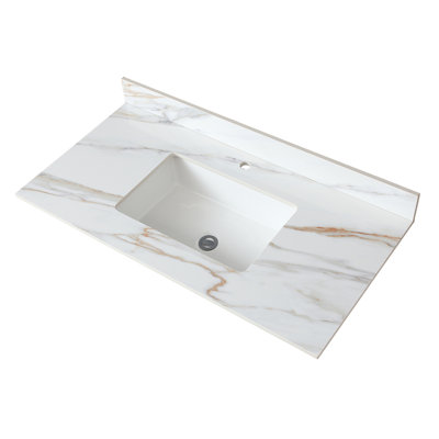 43 Inch Marble Bathroom Vanity Top With Undermount Rectangular Sink, 4" Backsplash, Pre-Drilled Faucet Hole, Carrara White With Veins | Gift Idea