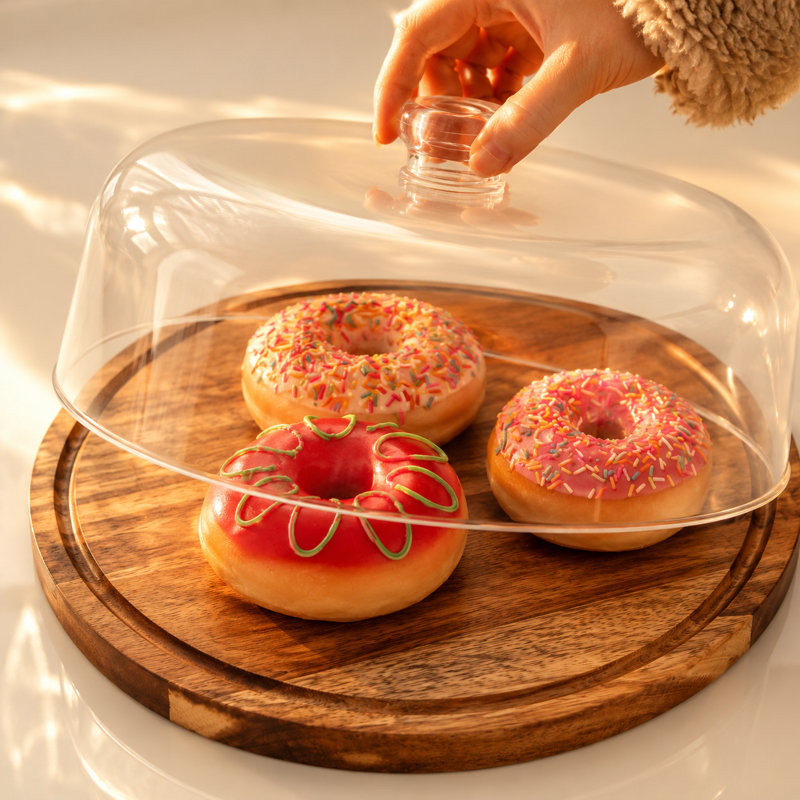 Round Wooden Decorative Cake and Snack Serving Tray with Clear Cover, Wooden