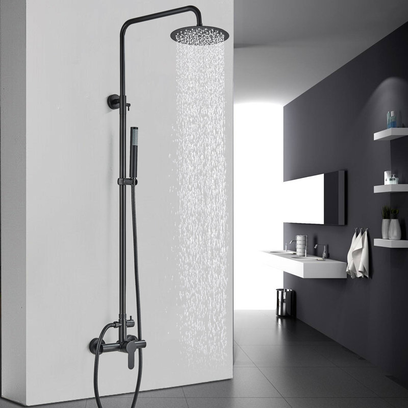 Black 8" Shower Faucet System Outdoor Exposed Shower Fixtures kit Rain Shower Head