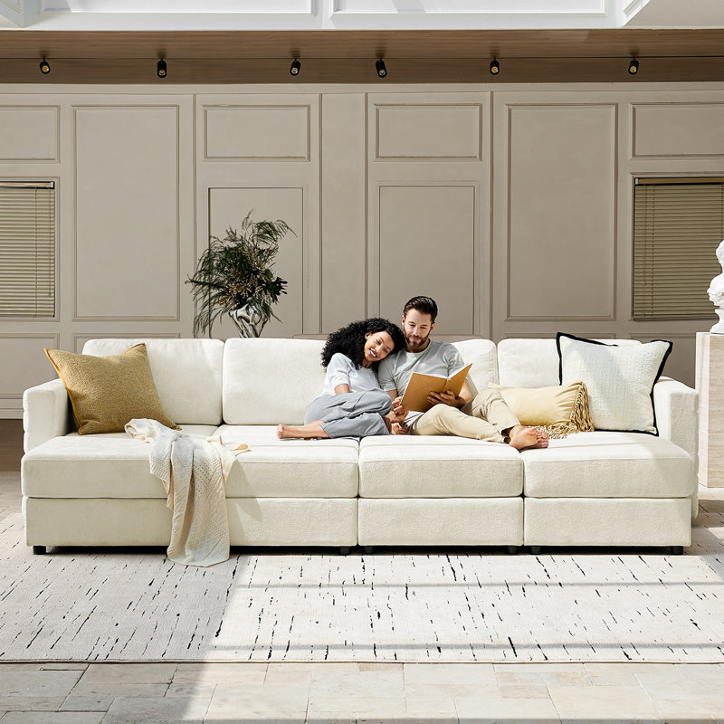 Jagger 124.5" Modern Wide-Seat Modular Storage Sectional Sofa with 4 Ottomans, Beige