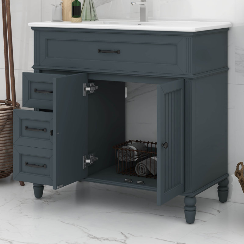 Meuble-lavabo de 36 po avec lavabo en céramique, meuble de salle de bain en bois massif avec tiroirs, portes à fermeture en douceur, meuble-lavabo autoportant