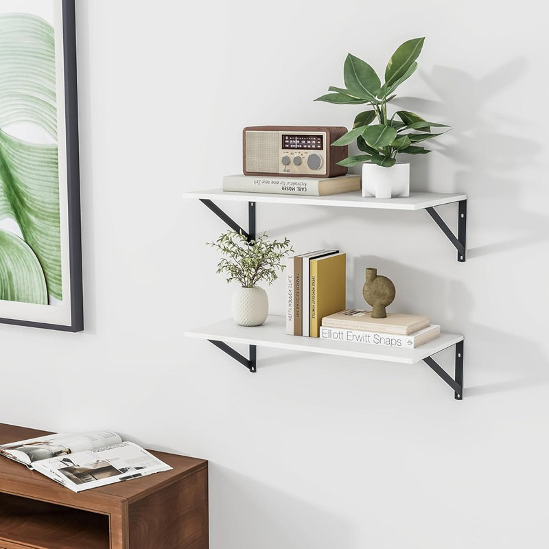 Ensemble d'étagères murales flottantes blanches profondes - Ensemble de 2 tablettes murales en bois avec supports noirs pour le salon, la cuisine, la chambre à coucher, le bureau et la salle de bain