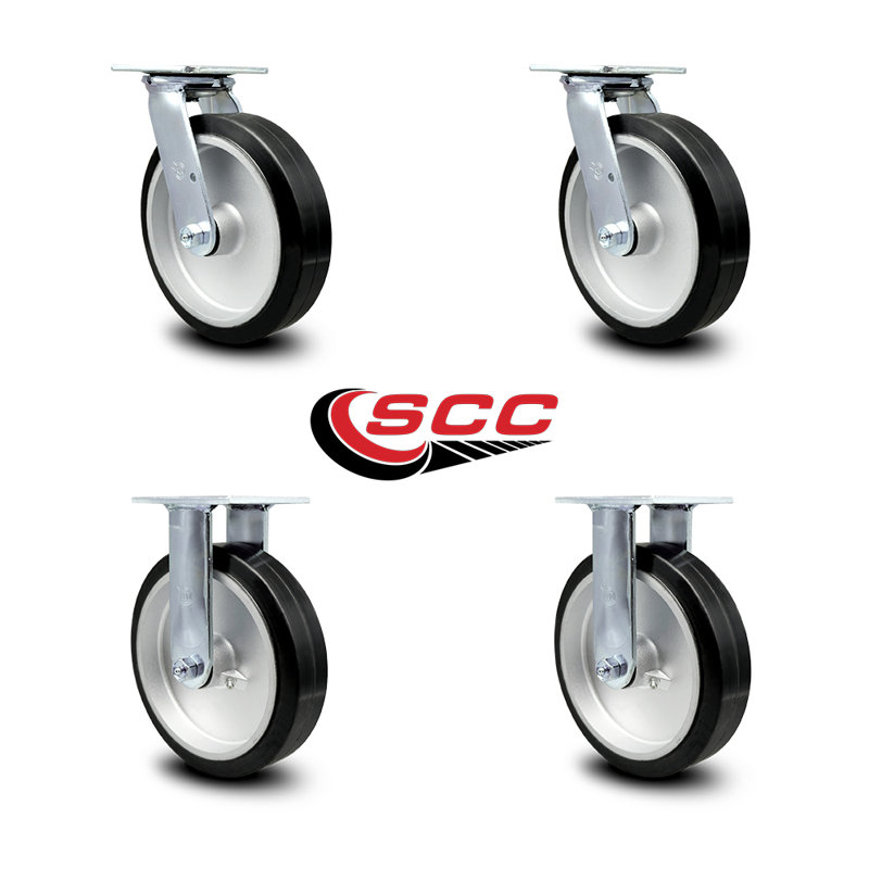 8 Inch Rubber on Aluminum Caster Set with Roller Bearings 2 Swivel 2 Rigid SCC
