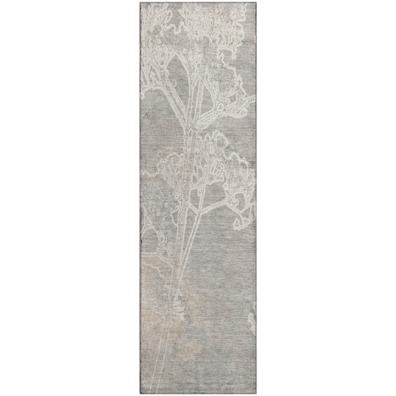 Premium Machine Washable Mayfield AMF2239 Floral Rug, Silver, 2'3" x 7'6" Runner