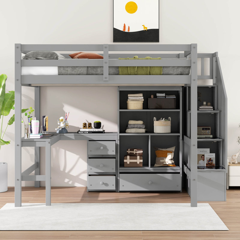 Lit mezzanine double avec bureau en L, tiroirs et armoire, lit mezzanine multifonctionnel pour enfants, adolescents et adultes, sans sommier tapissier requis