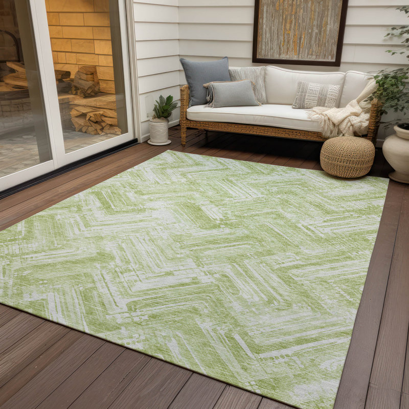 Tapis intérieur / extérieur en polyester abstrait tissé à la machine en vert, Rectangle 10 pi x 14 pi