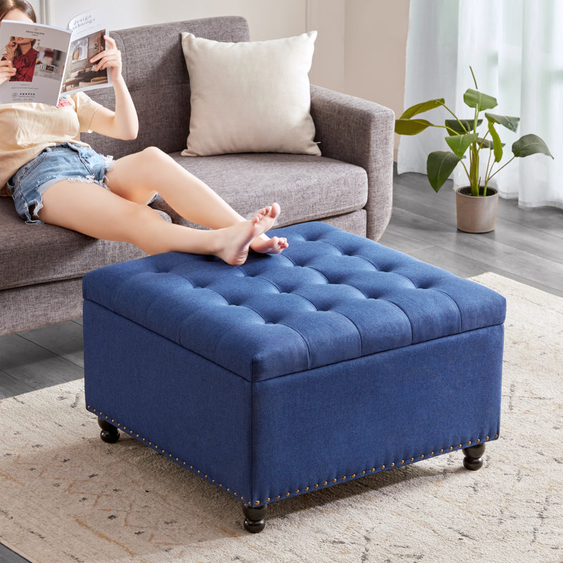 Arshi 30'' Tufted Square Storage Ottoman, Blue Linen Blend