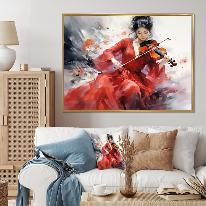 Violon, élégance japonaise sur toile, Cadre flottant doré, H 24 po x l 32 po x P 1 po
