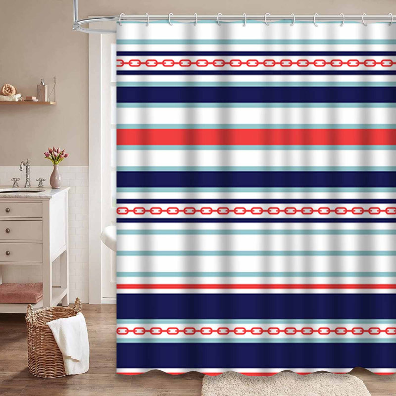 Rideau de douche rayé bleu marine avec 12 crochets, L 72 po x l 84 po