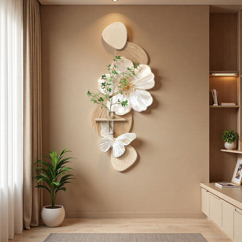 Art mural floral grès crémeux avec pot de fleurs hydroponique - décor de vestibule, H 59,06 po x l 26,77 po x P 0,98 po