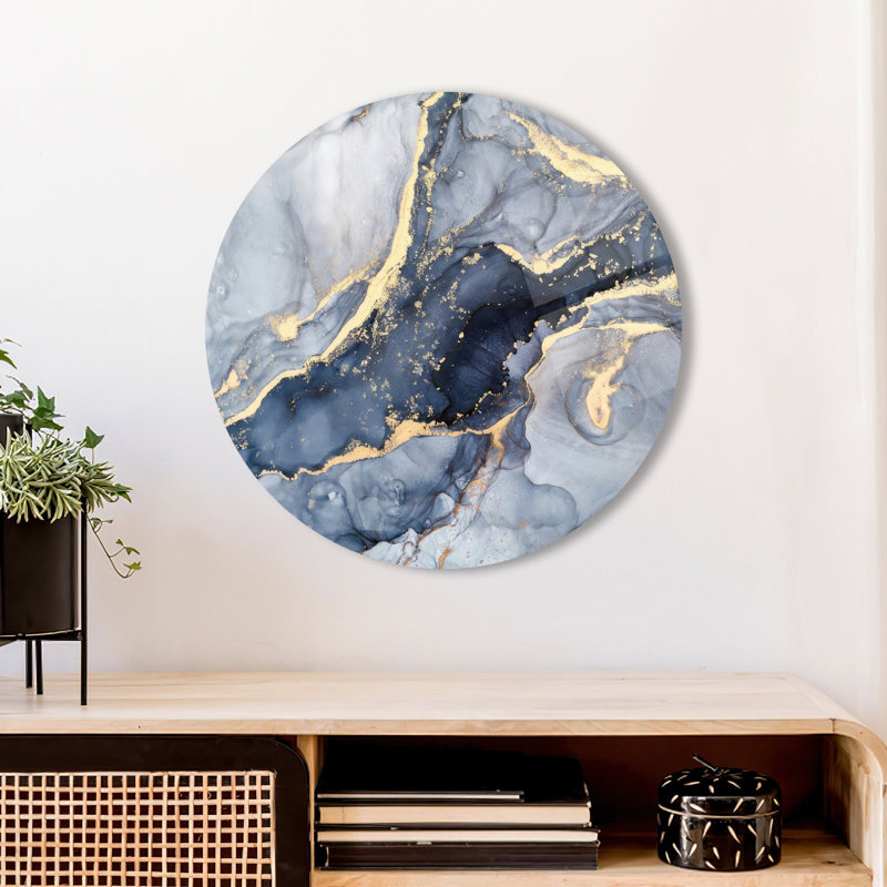 Décoration murale moderne en verre avec des impressions de crème bleue et de marbre jaune pour une touche sophistiquée dans votre espace de vie ou votre bureau