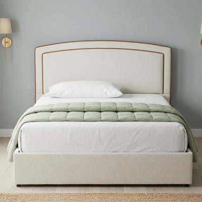 Lit plateforme moderne capitonné avec tête de lit arquée, passepoil contrastant et quatre tiroirs de rangement, taille standard, lin crème