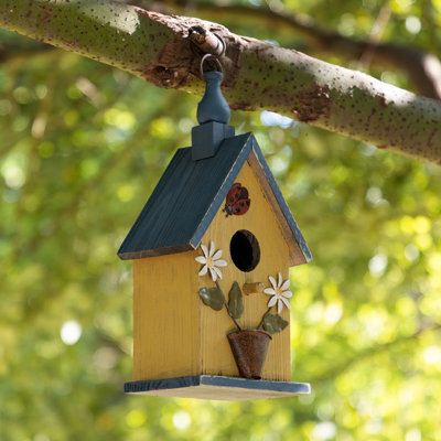 Maison d'oiseaux en bois massif délavé avec abeilles et fleurs, jaune délavé, H 12,25 po