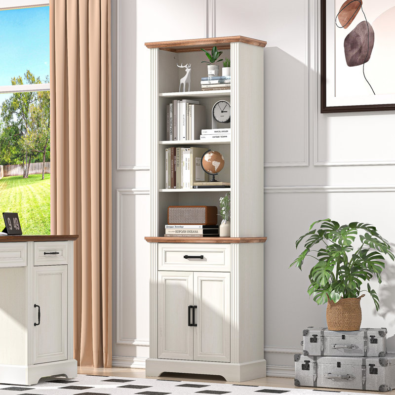 5 Tiers Farmhouse Bookcase 72" Tall Bookshelf With Doors And Storage Cabinet Farmhouse Book Shelf With Adjustable Shelf For Home Office,living Room, Antique White
