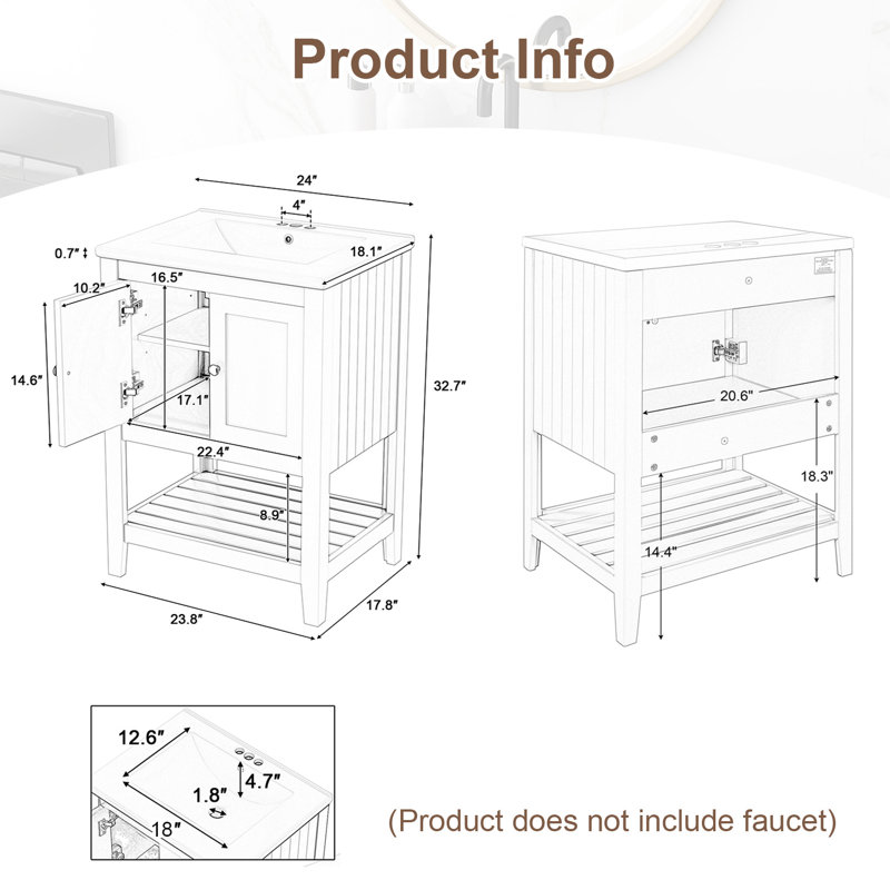24'' Single Bathroom Vanity with Ceramic Top, Black / White