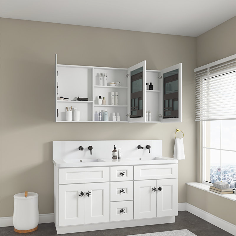Armoire à pharmacie pour salle de bain avec porte en bois, options de fixation murale et encastrée et grand espace de rangement