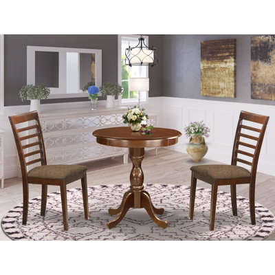 L'ensemble 3 pièces de table et chaises de cuisine comprend une table de salle à manger ronde avec piédestal et 2 chaises de salle à manger en tissu de lin, 30 x 30 pouces, acajou