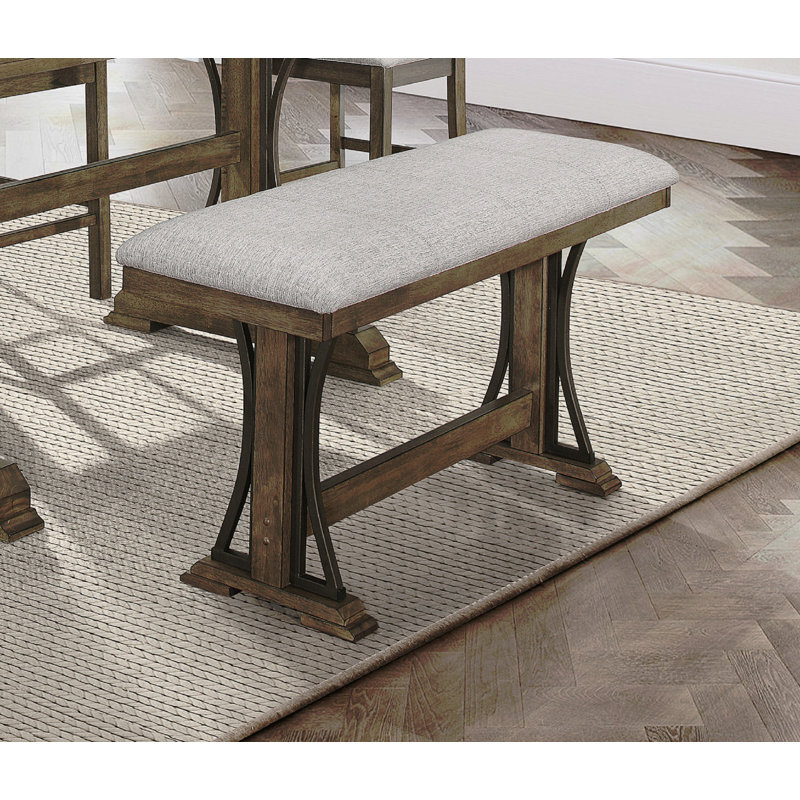 Banc rectangulaire à hauteur de comptoir avec revêtement en tissu brun et structure en métal brun / gris uni
