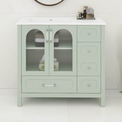 Meuble-lavabo 36 po avec lavabo, meuble-lavabo rétro français avec armoire de rangement en verre, 4 tiroirs, tablette réglable
