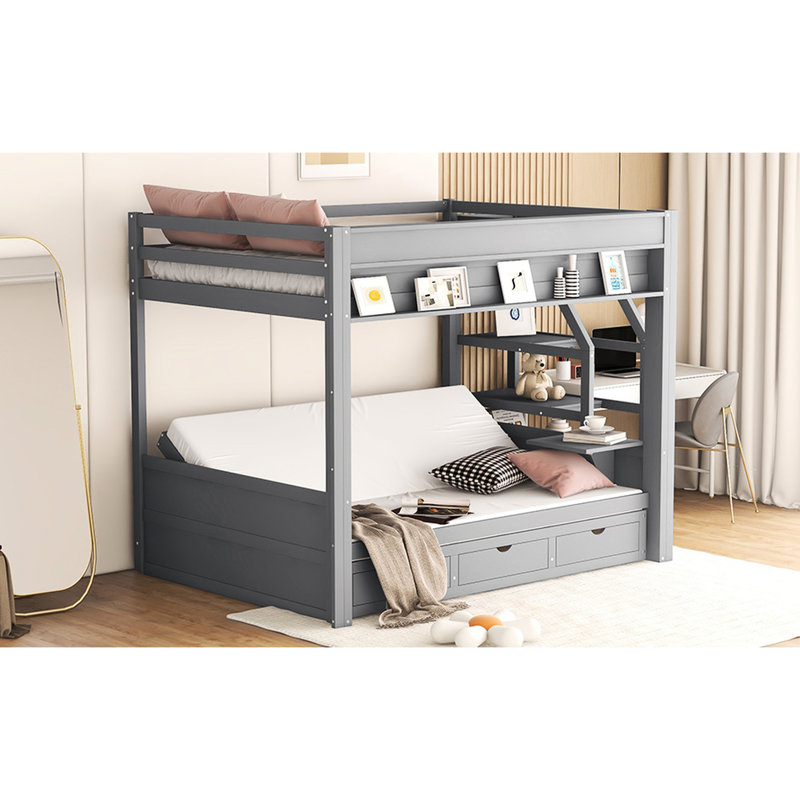 Lit superposé double avec rangement gris, escalier et 3 unités convertibles, Gris