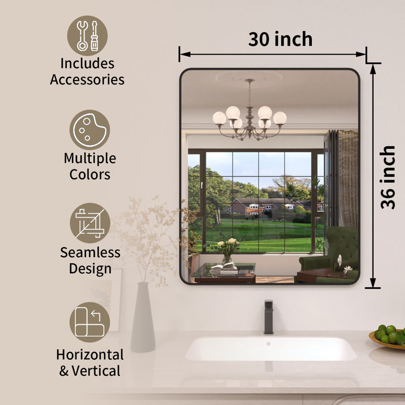 Lucha Matte Black Framed Wall Mounted Bathroom Vanity Mirror with Tempered Glass, Matte Black, 30" x 36"