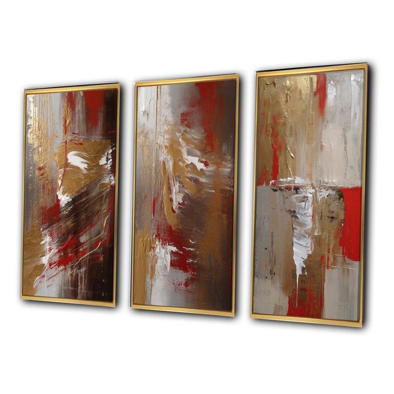 Cardinal Sin Retro Delight Abstract Red & Gold - Abstract Art Set Of 3 Pieces, Encadrement doré, H 20 po x l 36 po