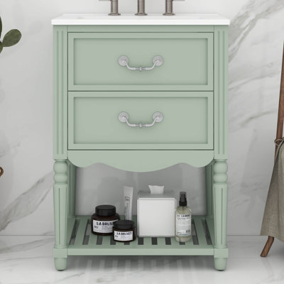 Meuble-lavabo de 24 po avec lavabo en céramique, meuble-lavabo autoportant de style français avec 2 tiroirs de rangement et tablette inférieure