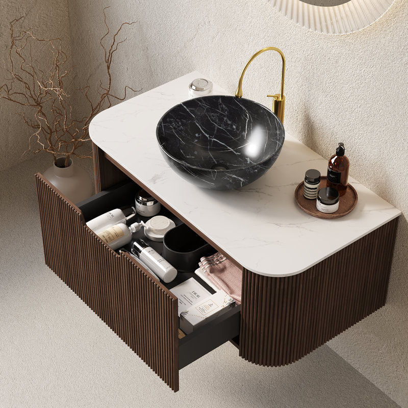 Meuble-lavabo mural avec lavabo, armoire de rangement cannelée à bord arrondi avec tiroir, vasque en céramique noire, pré-assemblé