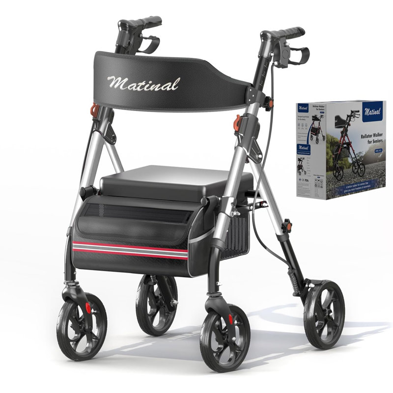 Matinal Foldable Rollator Walkers with Seat for Seniors, 350 lb Capacity, 8'' Big Wheels, 6-Position Height, Premium Hybrid Rolling Walker - Aluminum and Carbon Steel