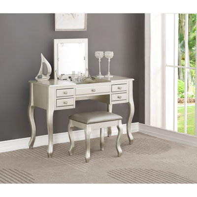 Meuble-lavabo classique argenté avec tabouret, pieds uniques, placage de peuplier sur contreplaqué, 43 po x 18 po pour le confort de la chambre à coucher.