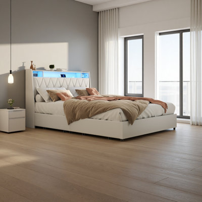 Cadre de grand lit avec tête de lit ergonomique, cadre de lit plateforme grand avec prises de courant et chargeur et lumière DEL, cadre de lit en métal grand avec tablette de rangement, silencieux, pas de sommier tapissier nécessaire