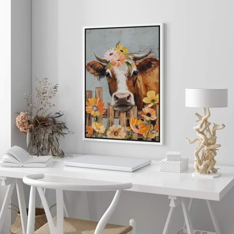 Portrait de vache sur fond gris, Cadre flottant blanc, H 36 po x l 24 po