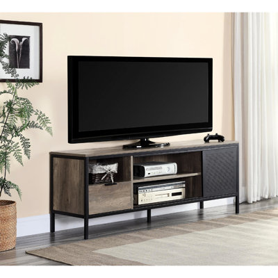 50 - 59 Inch Tv Stand In Rustic Oak And Black Metal Frame, 1 Drawer 4 Storage Zones For Media 55 Stand, Finish, Design, Drawer, Compartments, Flat Screen Entertainment