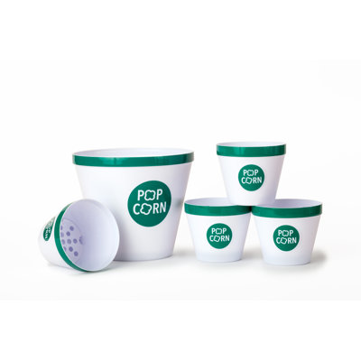 Wabash Valley Farms 5-Piece Reusable Popcorn Bucket Set – 1 Large & 4 Small White and Teal Movie Night Popcorn Tubs