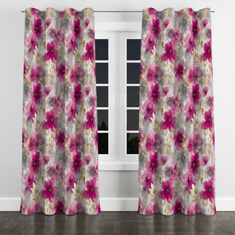 Country Farmhouse Window curtains - Grey Fuschia Whisper Grommet Curtain - 1 Panel, 52" W x 84" L, Silver Grommets