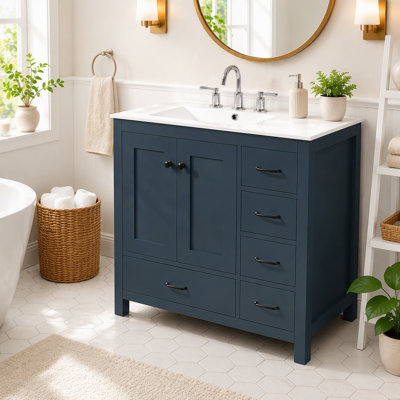 Ensemble de meuble-lavabo 36 po avec lavabo en céramique, armoire de rangement abondante, 2 portes à fermeture douce et 5 tiroirs