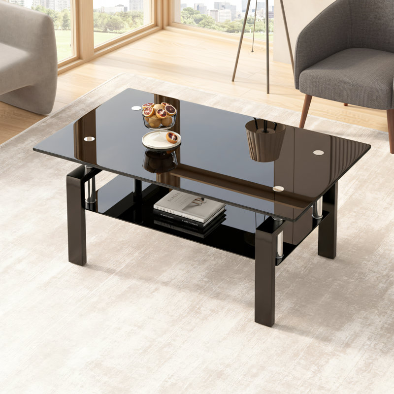 Table basse à double couche en verre trempé noir avec motif en cascade. Forme carrée pour un nettoyage facile. Convient à divers réglages. Comprend une trousse d'assemblage et des outils pour une installation simple.