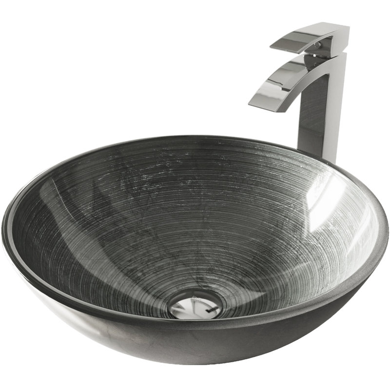 Giovanni Giovanni Round Glass Vessel Bathroom Sink with Faucet, Chrome, Simply Silver