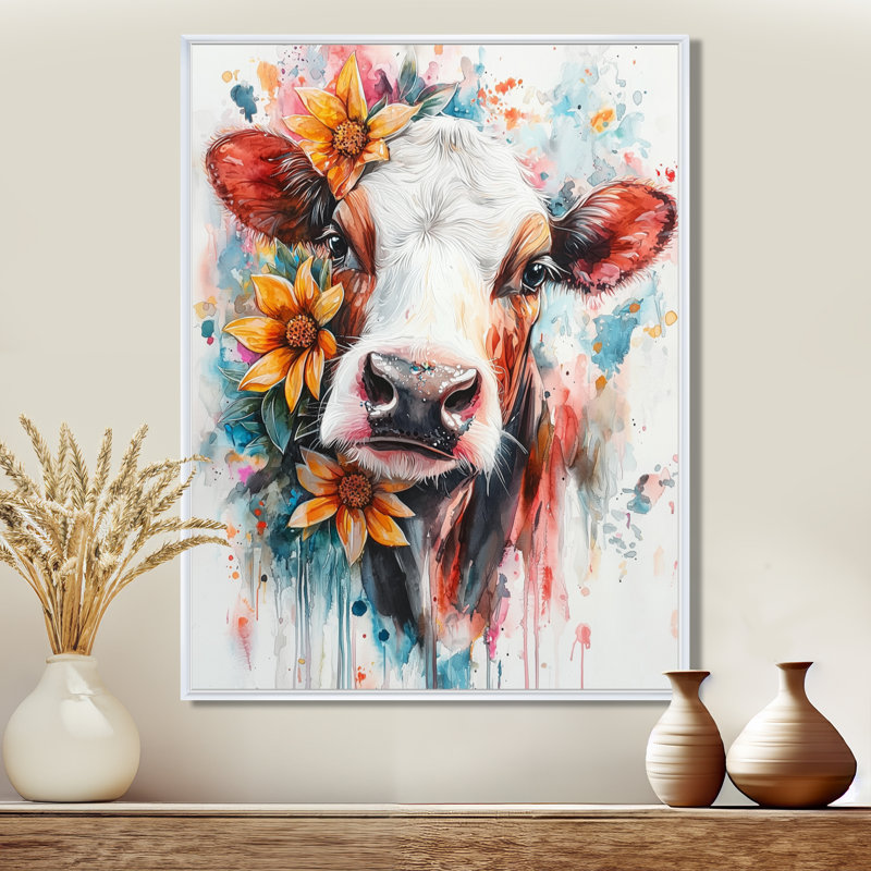 Keily Cow, peinture avec ferme, fleurs II, Impression encadrée flottante, H 20 po x l 12 po, Blanc